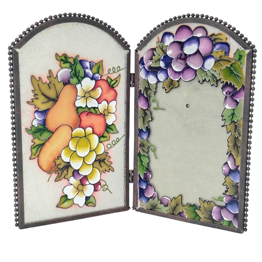 Vtg Stained Glass Metal Folded Hinged Picture Frame Pear Grapes Harvest Fruit